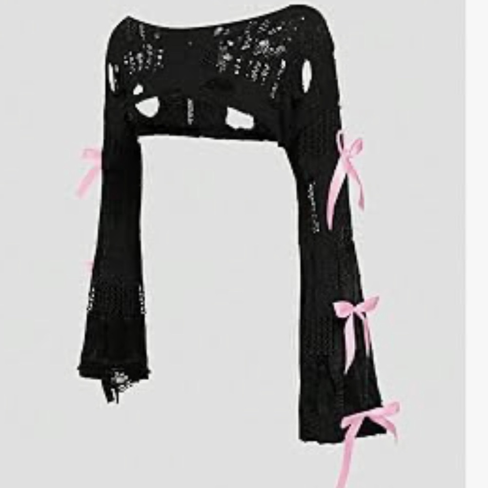 Black lace pink bow long sleeve bolero shrug sweater top NWT gothic Lolita sexy